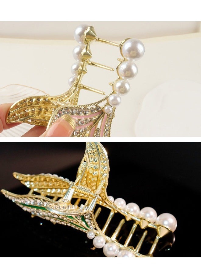 Al Aoyama - 3pcs Elegant Rhinestone Metal Hair Clip Claw Large Mermaid Tail Advanced Pearl Alloy Shark Clip For Women Fish Tail Hair Accessories - Image 1