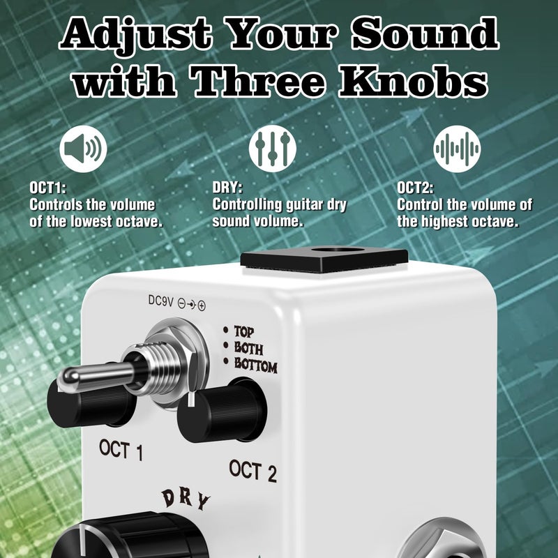 AFOT Polyphonic Octave Guitar Pedal, Digital Octave Mini Pedal,3 Modes Octave Shifter with Top/Both/Bottom Selection, Compact & Practical Aluminum Build, True Bypass for Electric Guitar - Image 3