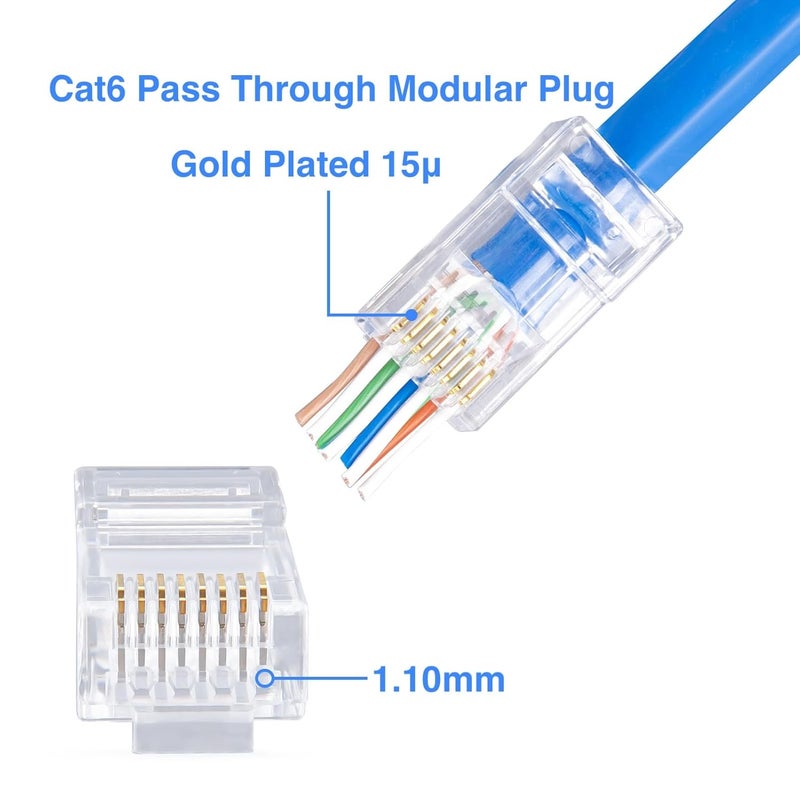 W-NECTOUN Cat6 Pass Through RJ45 Connectors, 100-PACK Cat 6 Ends/UTP Network Plugs for Solid Strand Cable - Image 2