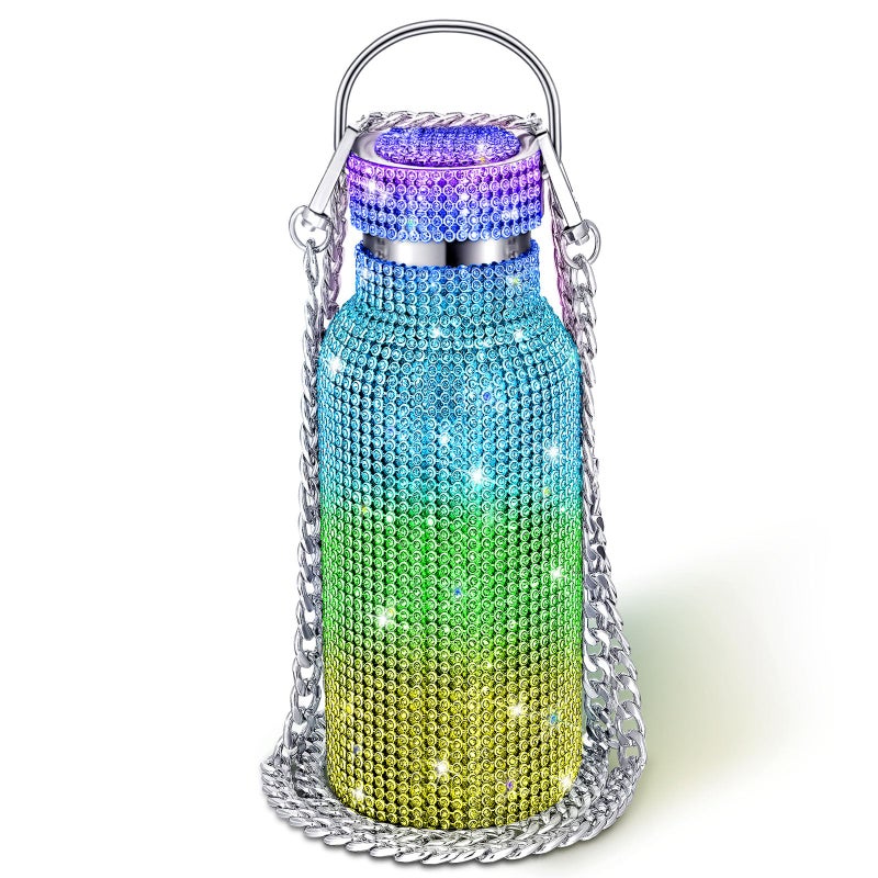 Diamond Water Bottle Bling Rhinestone Stainless Steel Thermal Bottle Refillable Insulated Glitter Water Jug with Chain for Women Girls Gifts500 mlRainbow
