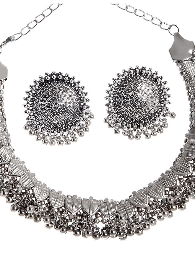 Shining Diva Fashion Latest Stylish Traditional Oxidised Silver Necklace Jewelery Set For Women 13157S  - Image 5