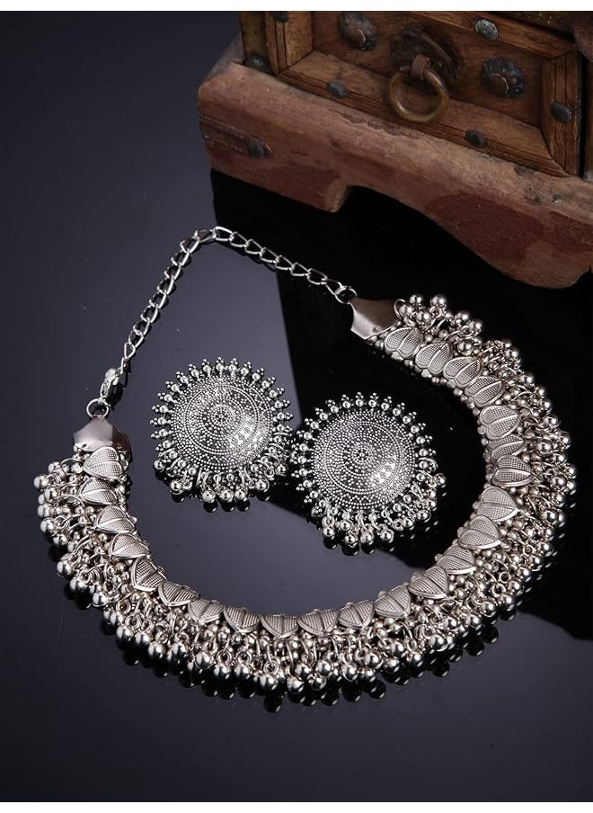 Shining Diva Fashion Latest Stylish Traditional Oxidised Silver Necklace Jewelery Set For Women 13157S  - Image 2