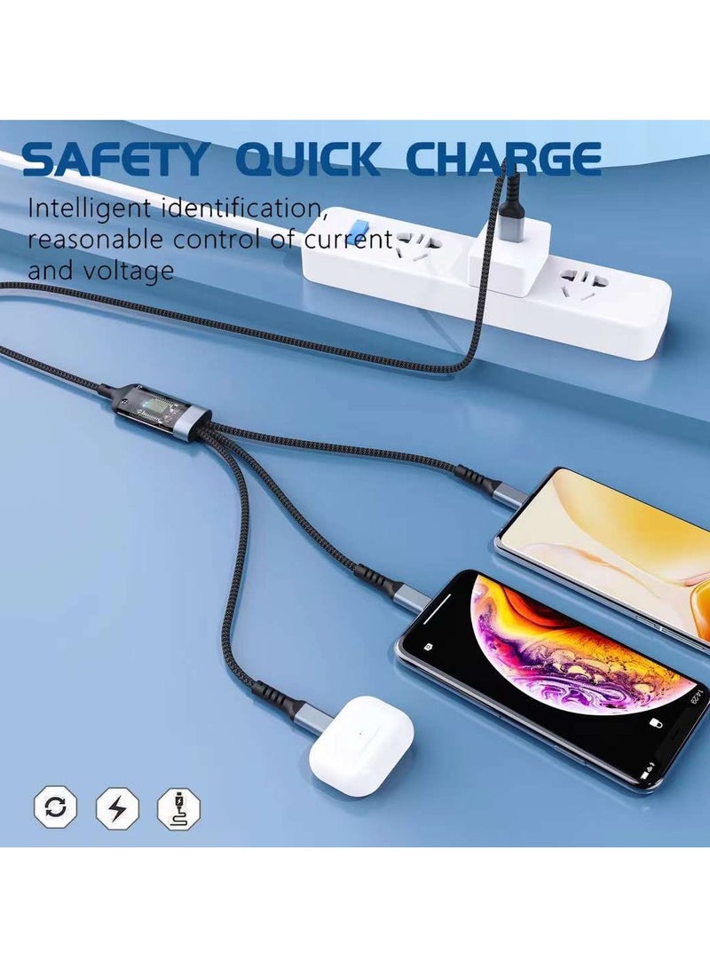 شيكسين كابل شحن سريع مضيء بشاشة رقمية شفافة 100 وات، كابل بيانات من واحد إلى ثلاثة، مناسب للهواتف المحمولة Xiaomi وRedmi وAndroid وApple، كابل بيانات مضفر من النايلون 6A، مناسب لهاتف Galaxy S23 وS22 وS21 وS20 وA53 وS10 وNote 20 و10 و9 وكابل بيانات Android Type-C، كابل بيانات USB للشحن السريع ثلاثة في واحد - Image 5