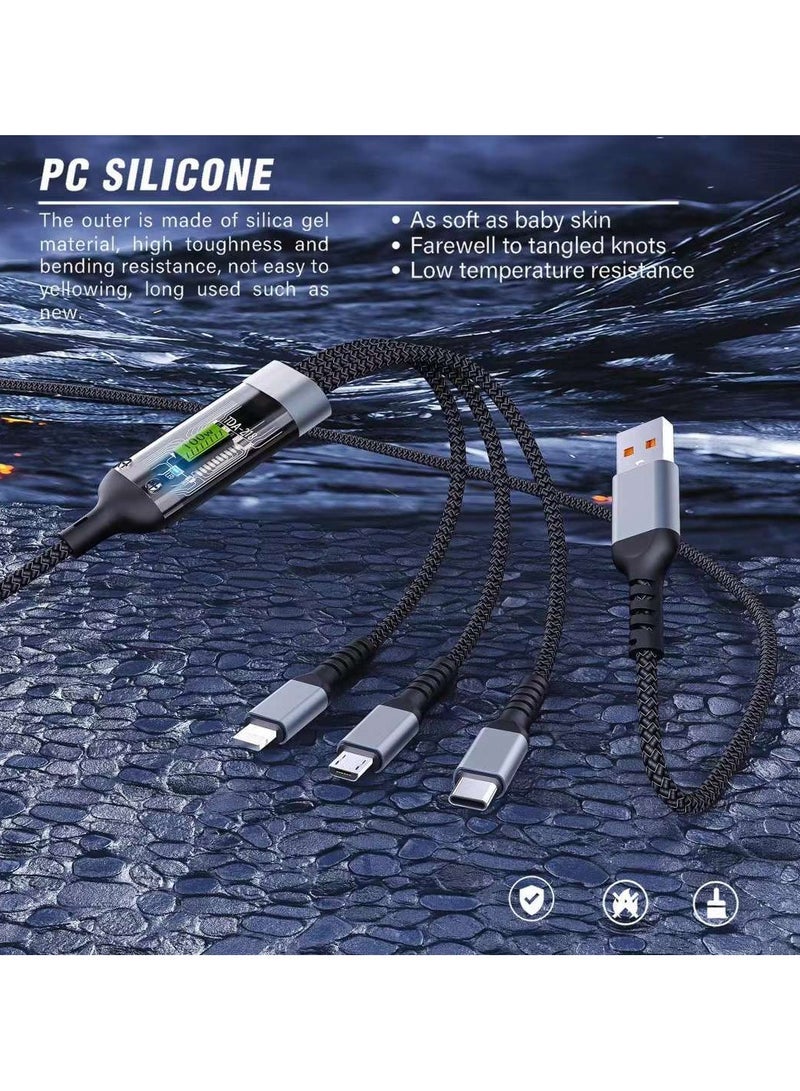 شيكسين كابل شحن سريع مضيء بشاشة رقمية شفافة 100 وات، كابل بيانات من واحد إلى ثلاثة، مناسب للهواتف المحمولة Xiaomi وRedmi وAndroid وApple، كابل بيانات مضفر من النايلون 6A، مناسب لهاتف Galaxy S23 وS22 وS21 وS20 وA53 وS10 وNote 20 و10 و9 وكابل بيانات Android Type-C، كابل بيانات USB للشحن السريع ثلاثة في واحد - Image 3