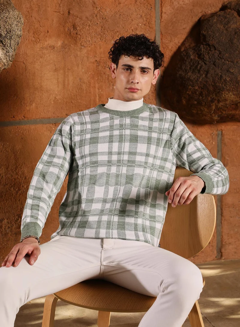 Campus Sutra Men's Olive Green Plaid-Jacquard Knit Pullover Sweater | Round Neck , Ribbed Cuff Sleeves , Pull On Closure , Ribbed-Straight Hem | Checks Jacquard For Casual & Daily Wear