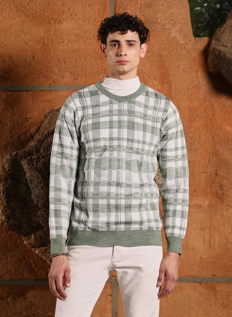 Campus Sutra Men's Olive Green Plaid-Jacquard Knit Pullover Sweater | Round Neck , Ribbed Cuff Sleeves , Pull On Closure , Ribbed-Straight Hem | Checks Jacquard For Casual & Daily Wear