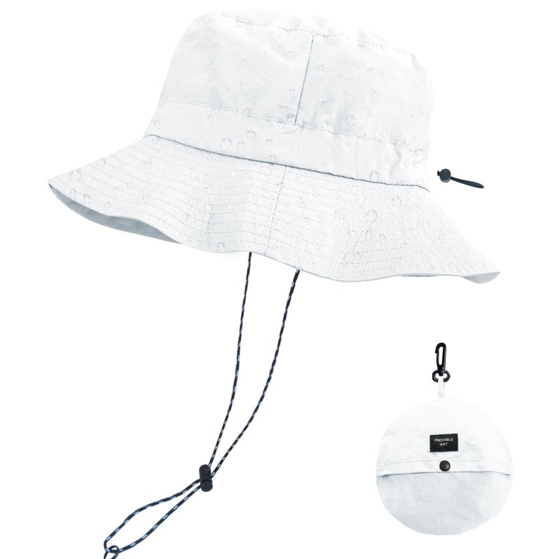 PFFY Quick Dry Waterproof Packable Bucket Hat for Women Men Outdoor Sun Hats with Detachable Chin Strap White (More Loose) - Image 1