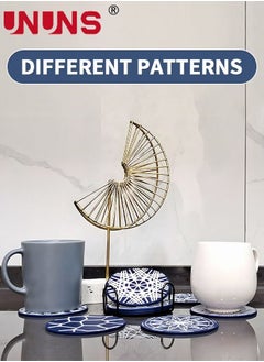 UNUNS 8PCS Coffee Coasters Set for Drinks, 9.8CM Soft Cup Mat with Metal Holder and 8 Classical Geometry Patterns, Drink Coasters Set for Tabletop Protection Home Decor  - Image 3