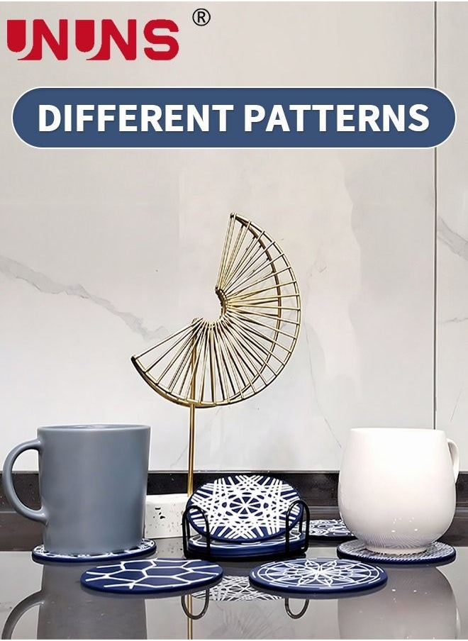 UNUNS - 8PCS Coffee Coasters Set for Drinks, 9.8CM Soft Cup Mat with Metal Holder and 8 Classical Geometry Patterns, Drink Coasters Set for Tabletop Protection Home Decor - Image 1