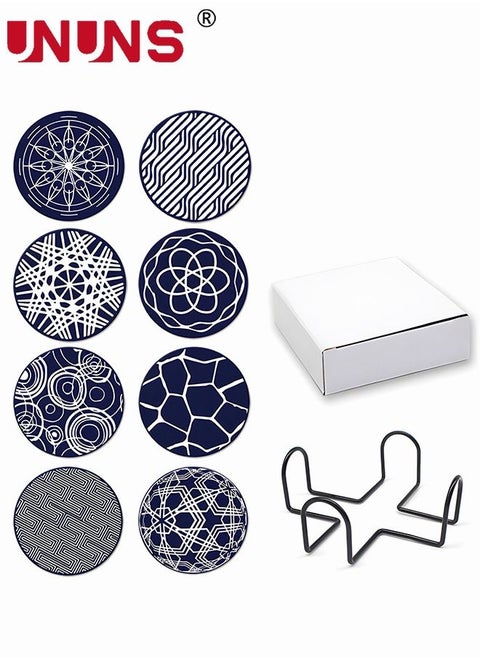 8PCS Coffee Coasters Set for Drinks, 9.8CM Soft Cup Mat with Metal Holder and 8 Classical Geometry Patterns, Drink Coasters Set for Tabletop Protection Home Decor