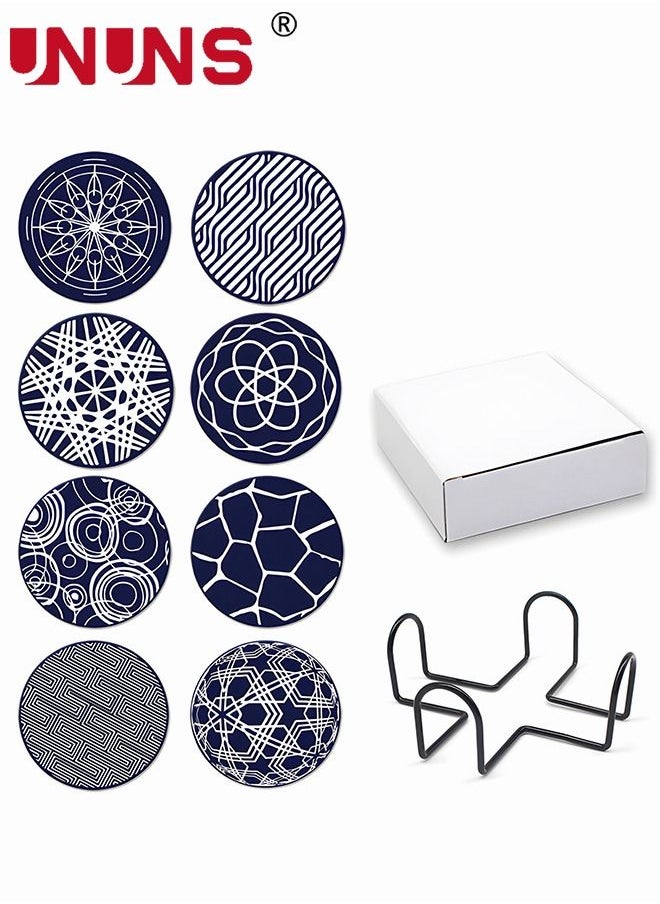 UNUNS - 8PCS Coffee Coasters Set for Drinks, 9.8CM Soft Cup Mat with Metal Holder and 8 Classical Geometry Patterns, Drink Coasters Set for Tabletop Protection Home Decor - Image 1