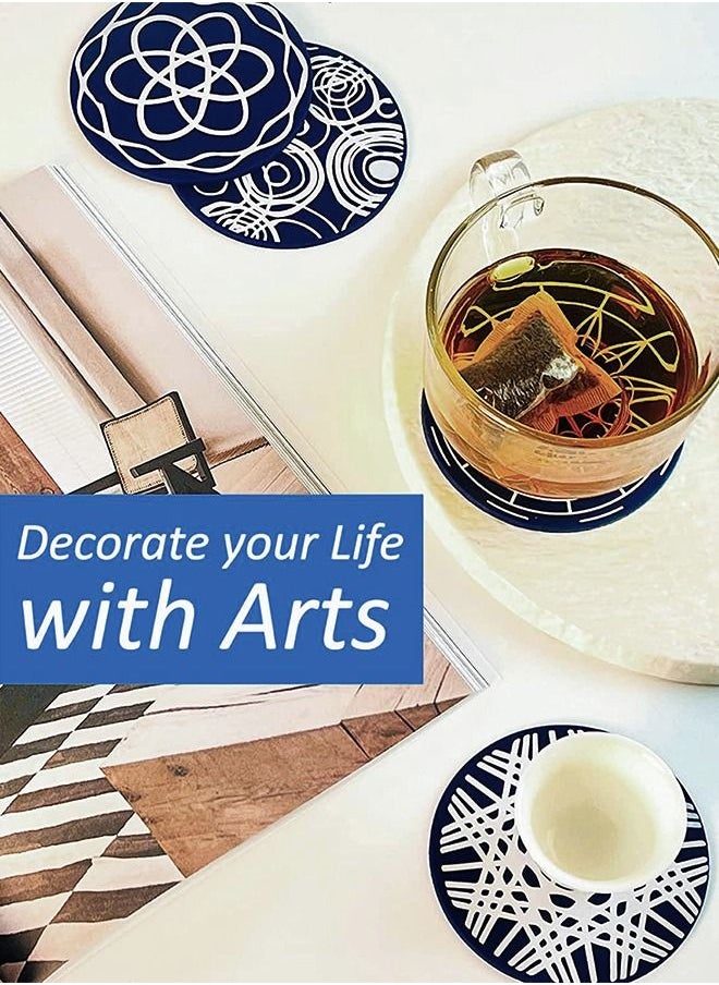 UNUNS - 8PCS Coffee Coasters Set for Drinks, 9.8CM Soft Cup Mat with Metal Holder and 8 Classical Geometry Patterns, Drink Coasters Set for Tabletop Protection Home Decor - Image 1