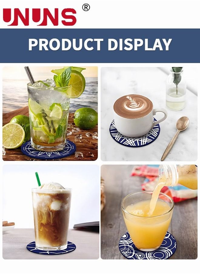 UNUNS - 8PCS Coffee Coasters Set for Drinks, 9.8CM Soft Cup Mat with Metal Holder and 8 Classical Geometry Patterns, Drink Coasters Set for Tabletop Protection Home Decor - Image 1