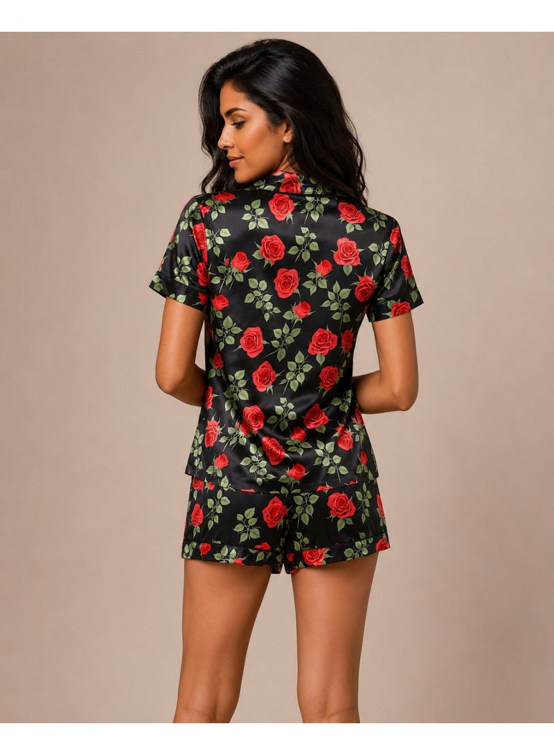 Women's Satin-Like Rose Print Pajama Set with Short Sleeve Button-Up Shirt & Shorts, Black Sleepwear - Image 5