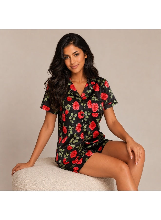 Women's Satin-Like Rose Print Pajama Set with Short Sleeve Button-Up Shirt & Shorts, Black Sleepwear - Image 4