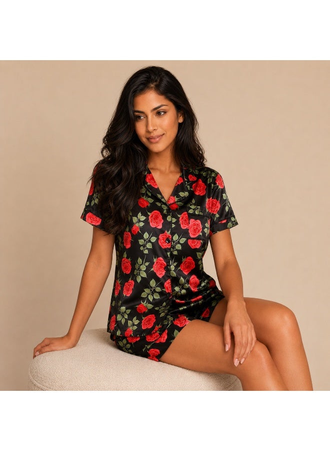 Women's Satin-Like Rose Print Pajama Set with Short Sleeve Button-Up Shirt & Shorts, Black Sleepwear - Image 3