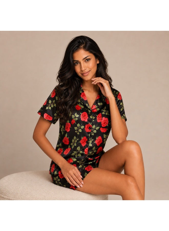 Women's Satin-Like Rose Print Pajama Set with Short Sleeve Button-Up Shirt & Shorts, Black Sleepwear - Image 2