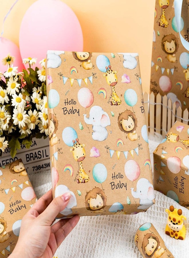 Retrify Baby Shower Kraft Wrapping Paper, 17 Inch x 32.8 Feet Cute Lion Elephant Themed Colorful Balloon Rainbow Gift Wrap with Grid Cutting Lines for Boy Girl Kid Birthday - Image 3