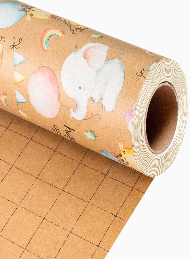 Retrify Baby Shower Kraft Wrapping Paper, 17 Inch x 32.8 Feet Cute Lion Elephant Themed Colorful Balloon Rainbow Gift Wrap with Grid Cutting Lines for Boy Girl Kid Birthday - Image 2