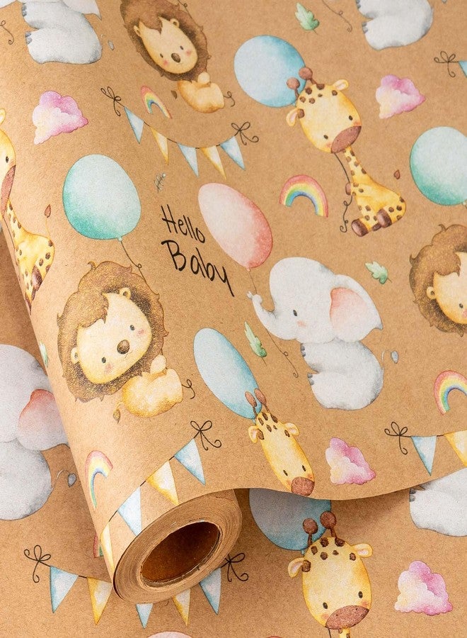 Retrify Baby Shower Kraft Wrapping Paper, 17 Inch x 32.8 Feet Cute Lion Elephant Themed Colorful Balloon Rainbow Gift Wrap with Grid Cutting Lines for Boy Girl Kid Birthday - Image 1