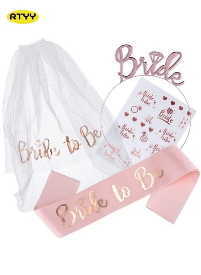 4-Pack Bridal Accessories Set, Bride Sash, Headband Tiara, Shoulder Length Veil, Decorative Stickers, Bride To Be Gifts Decorations Wedding - Image 1