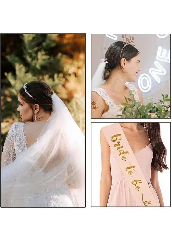 4-Pack Bridal Accessories Set, Bride Sash, Headband Tiara, Shoulder Length Veil, Decorative Stickers, Bride To Be Gifts Decorations Wedding - Image 2