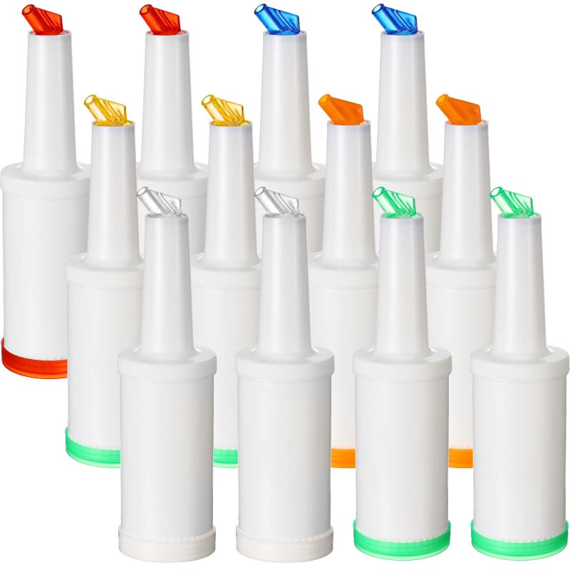 Chengu 12 Pack Bar Pour Colorful Juice Pouring Bottle Containers 34 oz Plastic Juice Dispensers in 6 Colors for Bar Home Kitchen Party Supplies