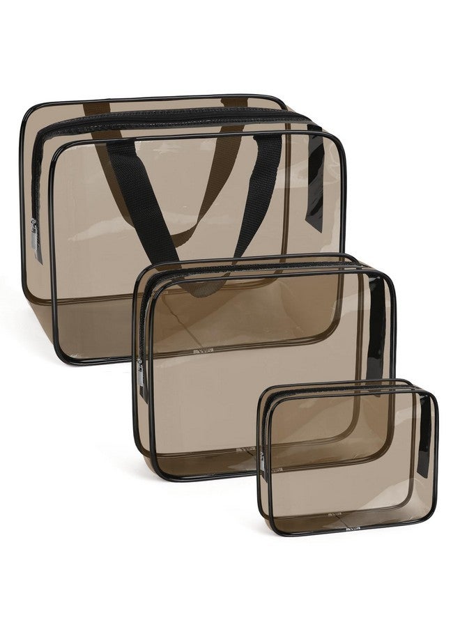 APREUTY Clear Makeup Bags, Tsa Approved 3 Pcs Cosmetic Makeup Bags Set Clear Pvc With Zipper Handle Portable Travel Luggage Pouch Airport Airline Vacation Organization (Black Brown)  - Image 1