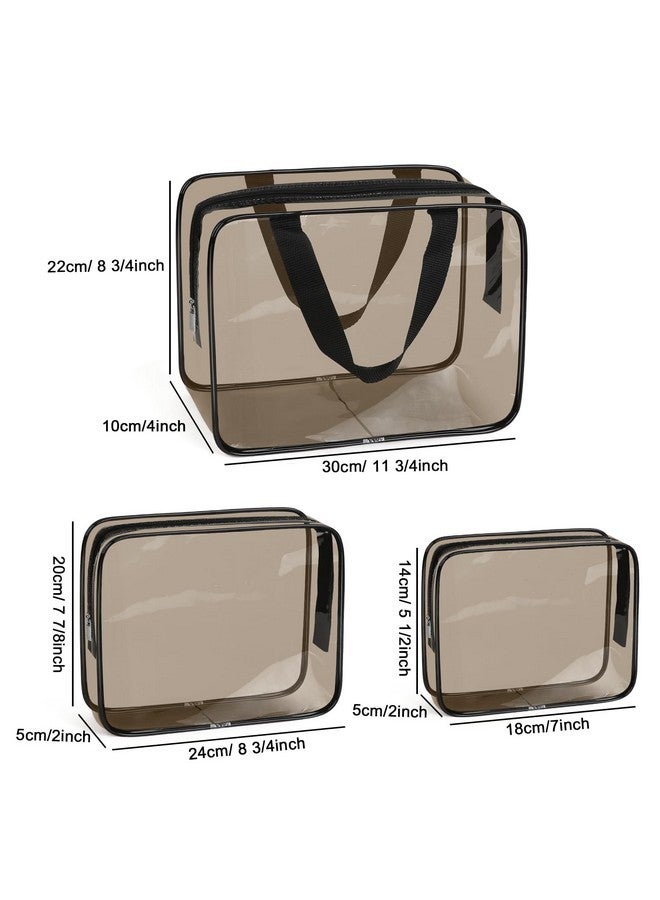 APREUTY Clear Makeup Bags, Tsa Approved 3 Pcs Cosmetic Makeup Bags Set Clear Pvc With Zipper Handle Portable Travel Luggage Pouch Airport Airline Vacation Organization (Black Brown)  - Image 2
