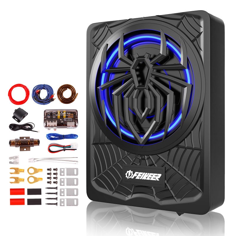 Feikeer NEW 10" 1200W Subwoofer,BLUE Slim Underseat Car Subwoofer and Amp Package.Under Seat Subwoofers with Amp,Individual Control for Low Pass/Gain/Boost Bass.Deep Bass Perfect for Truck/SUV/Jeep/MPV - Image 1