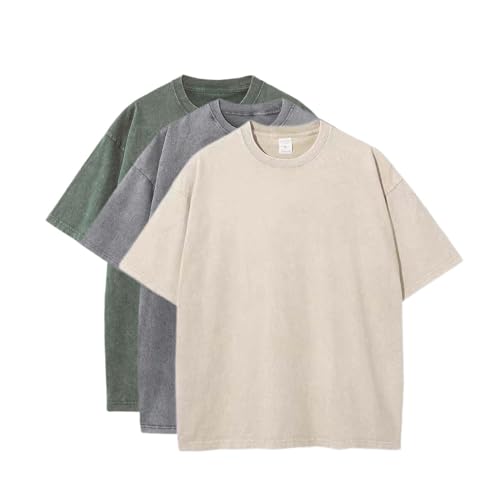 POHADON 3 Pcs Men's Oversized Cotton Summer T-Shirts - Vintage Baggy Tee Loose Fit Short Sleeve T-Shirts Casual Streetwear (K,M) - Image 4