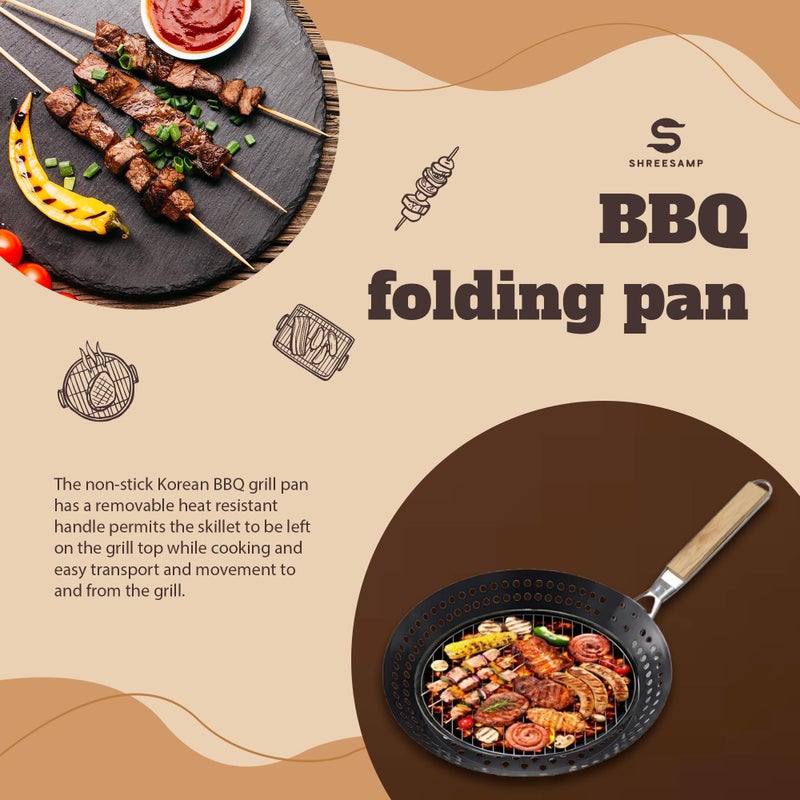SHREESAMP SHREESAMP BBQ Folding Grill Pan with Foldable Handle, Grill Skillet Basket Hollow Tray for Camping Cookware, Non Stick Grill Small and Big Topper Baskets BBQ Accessories for Vegetable, Fish and Pizza  - Image 3