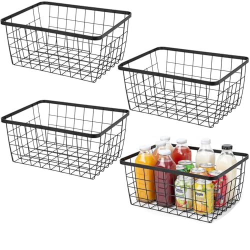 Aeggplant Kitchen Metal Wire Baskets with Handles Food Storage Organizer Household Refrigerator for CabinetsPantryBathroomBlack4 Pack - Image 1