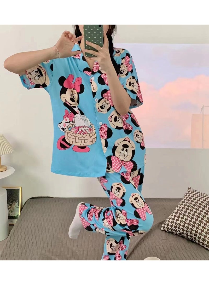 DubaiGallery New Summer Short-sleeved Shorts And Trousers Three-piece Cute Cartoon Women's Pajama Suit Thin Girl's Cardigan Home Clothes