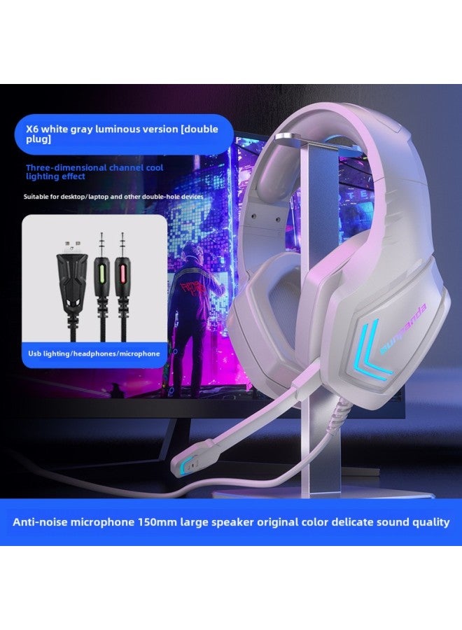 Computer Headset Headset E-sports Game Headset Cable Desktop Mobile Phone Notebook Special Noise Reduction Band-Color:White And Gray Glow (universal For Desktop Computers/dual Jacks And Notebooks)  - Image 1