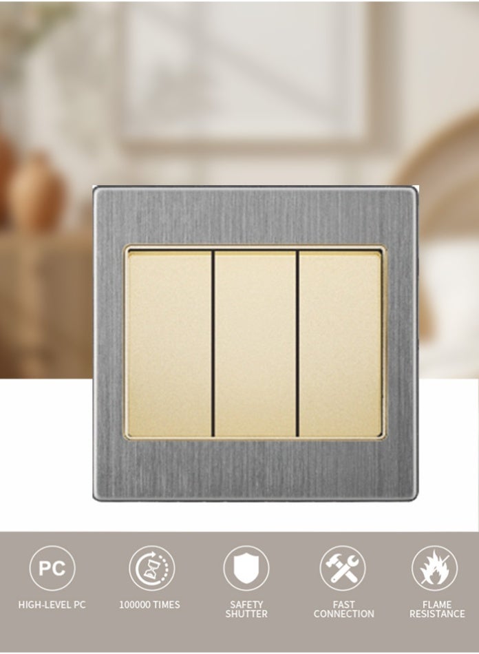 Vmax Premium 3 Gang 2 Way Wall Switch | Triple Rocker Gold/Metal Frame | Safe, Durable & Modern Control for Home & Office - Image 2