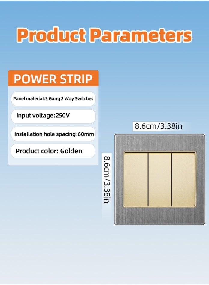 Vmax Premium 3 Gang 2 Way Wall Switch | Triple Rocker Gold/Metal Frame | Safe, Durable & Modern Control for Home & Office - Image 3