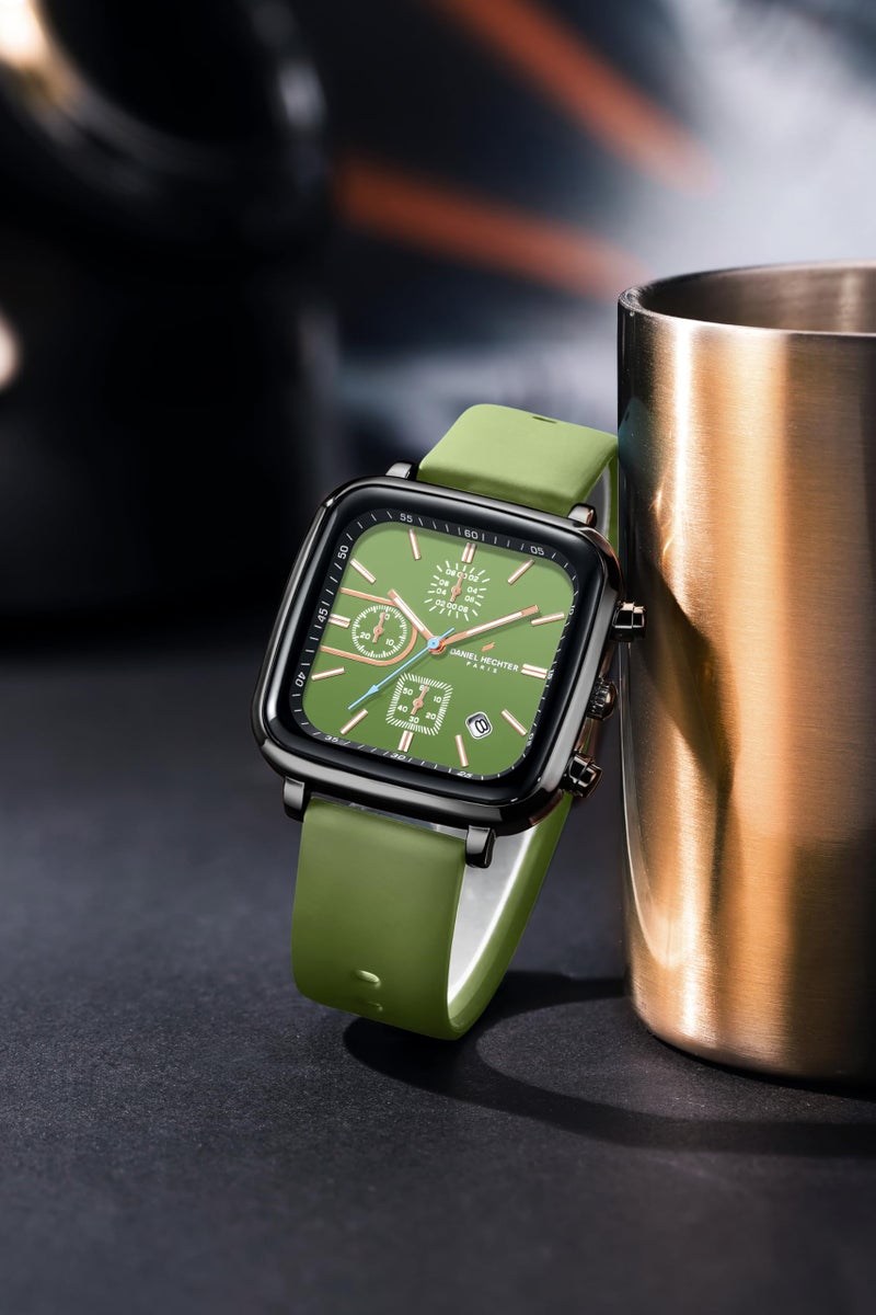 Daniel Hechter Paris Belleville Collection Modern Multi Functional Watch for Men with Square Dial and Silicon Band-DHM1002 (Dial:Green,Strap:Green) - Image 3