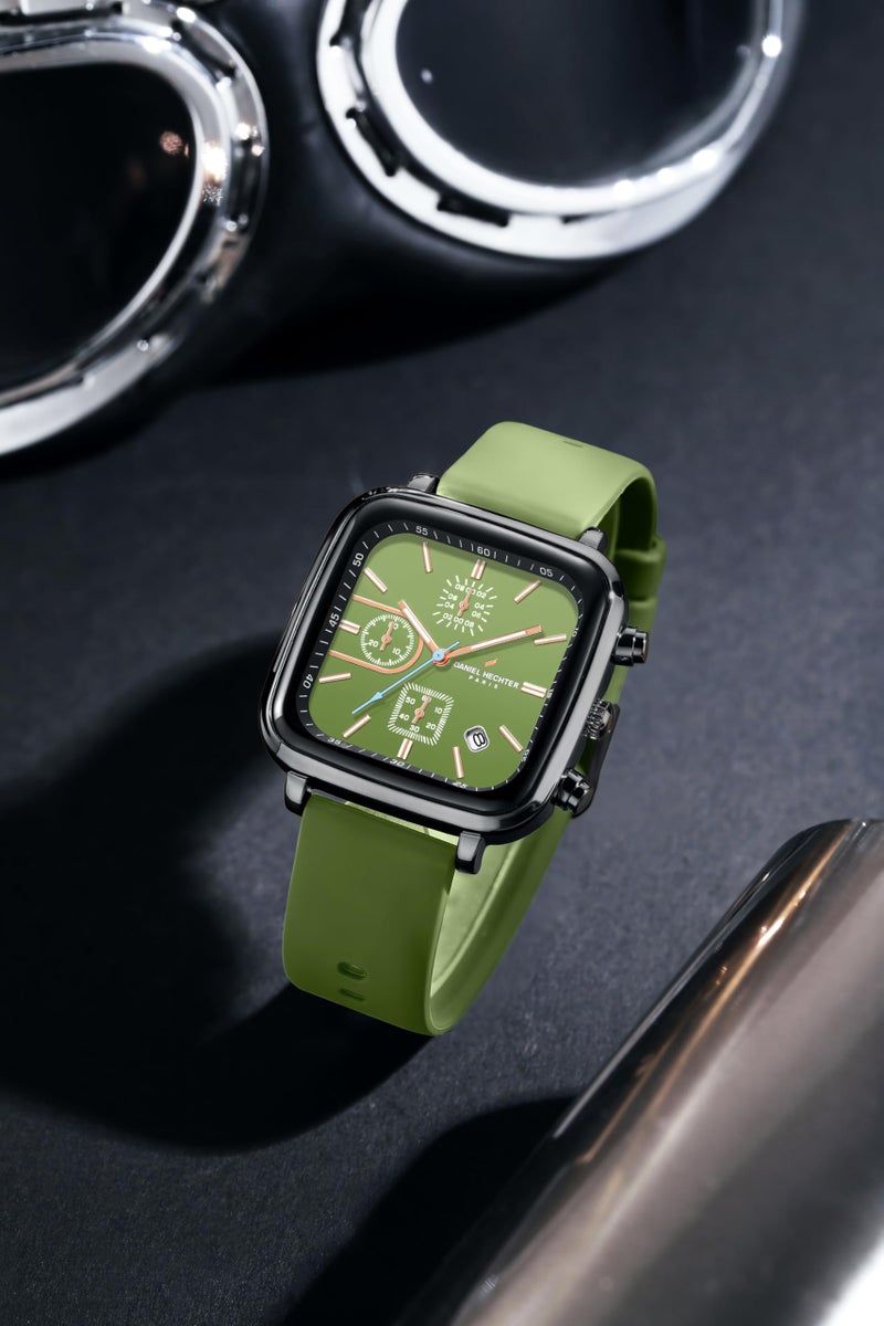 Daniel Hechter Paris Belleville Collection Modern Multi Functional Watch for Men with Square Dial and Silicon Band-DHM1002 (Dial:Green,Strap:Green) - Image 4