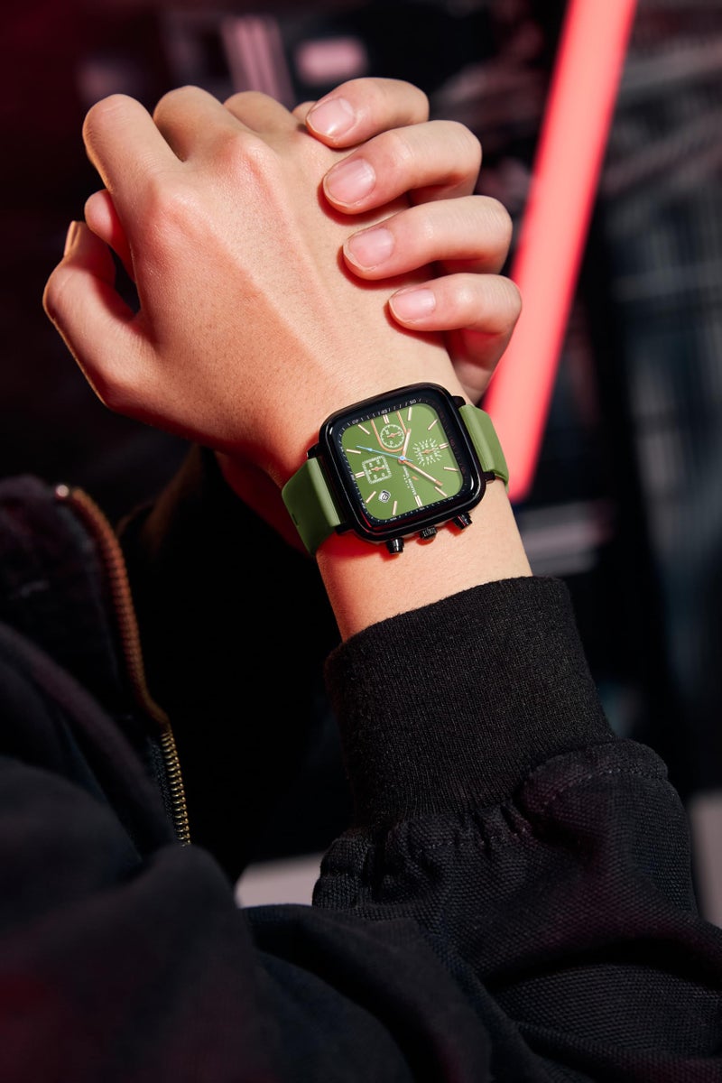 Daniel Hechter Paris Belleville Collection Modern Multi Functional Watch for Men with Square Dial and Silicon Band-DHM1002 (Dial:Green,Strap:Green) - Image 2