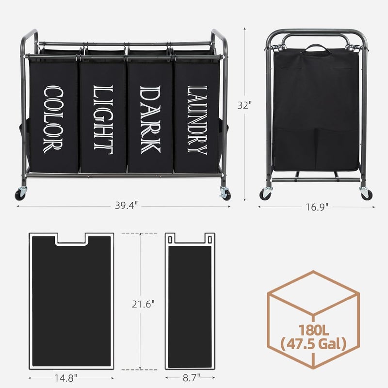 STORAGE MANIAC Laundry Sorter, Divider with Side Pockets, Multi Separator Hamper Removable Bags and Rolling Lockable Wheels, Organizer Hamper, 4 Section Black - Image 3