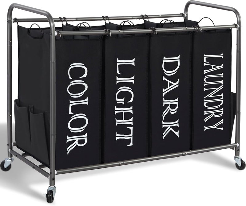 STORAGE MANIAC Laundry Sorter, Divider with Side Pockets, Multi Separator Hamper Removable Bags and Rolling Lockable Wheels, Organizer Hamper, 4 Section Black - Image 1