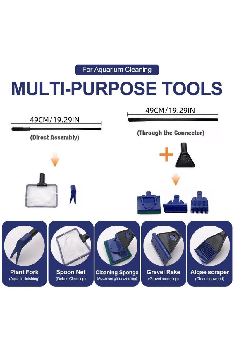 erorex Blue 5in1 Aquarium Cleaning Tool Plant Fork Spoon Net Sponge Brush Gravel Rake Algae Scraper
