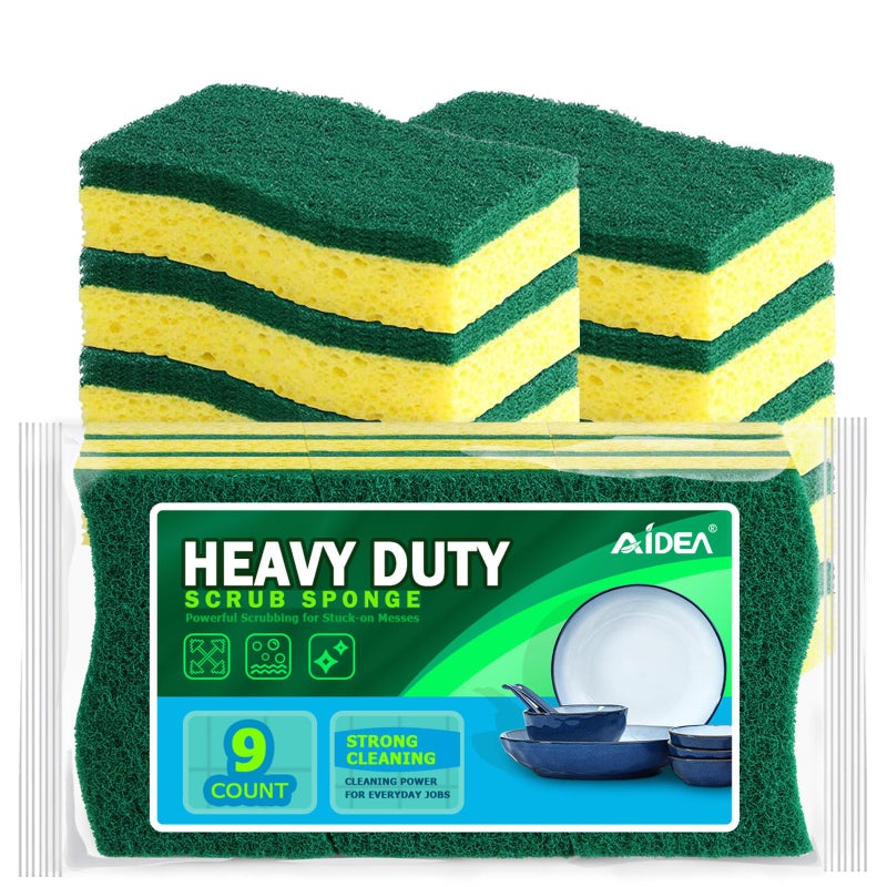 AIDEA Sponges Kitchen, 9Count, Dish Sponges, Heavy-Duty Sponge for Non-Coated Cookware, Scrubbing Power for Tough Messes, Cleaning Sponge for Kitchen, Bathroom, Household - Image 1