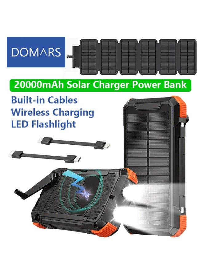Domars 20000mAh Solar Charger Power Bank, Hand Crank Foldable Portable Charger with Built-in Cables, Wireless Charging, LED Flashlight, Waterproof Outdoor Solar Battery Pack for Camping, Hiking, Mountain Climbing,Emergency - Image 1