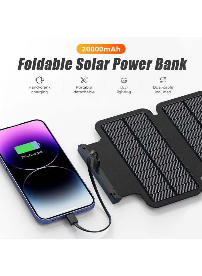 Domars 20000mAh Solar Charger Power Bank, Hand Crank Foldable Portable Charger with Built-in Cables, Wireless Charging, LED Flashlight, Waterproof Outdoor Solar Battery Pack for Camping, Hiking, Mountain Climbing,Emergency - Image 4