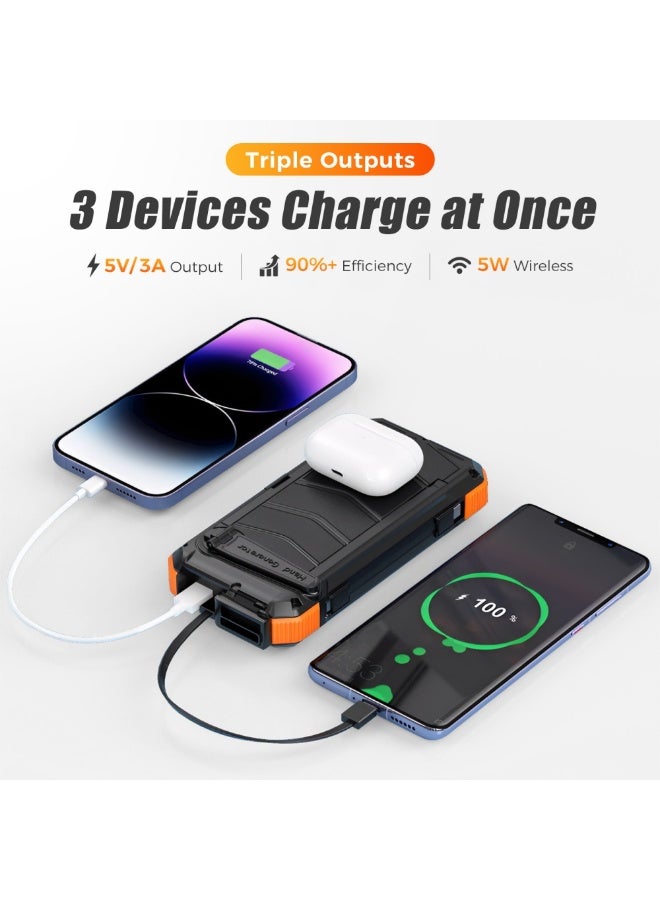 Domars 20000mAh Solar Charger Power Bank, Hand Crank Foldable Portable Charger with Built-in Cables, Wireless Charging, LED Flashlight, Waterproof Outdoor Solar Battery Pack for Camping, Hiking, Mountain Climbing,Emergency - Image 3