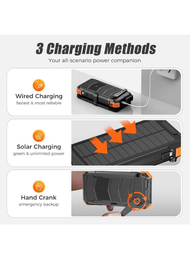 Domars 20000mAh Solar Charger Power Bank, Hand Crank Foldable Portable Charger with Built-in Cables, Wireless Charging, LED Flashlight, Waterproof Outdoor Solar Battery Pack for Camping, Hiking, Mountain Climbing,Emergency - Image 2