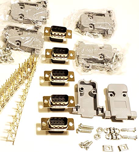 Connectors Pro 5 Sets Crimp Type DB9 Male + Plastic Hoods + Pins D-Sub 9P Male Crimp Connector, Pin Hood Kit 5 DB9 Males + 5 Hoods + 50 Pins - Image 1