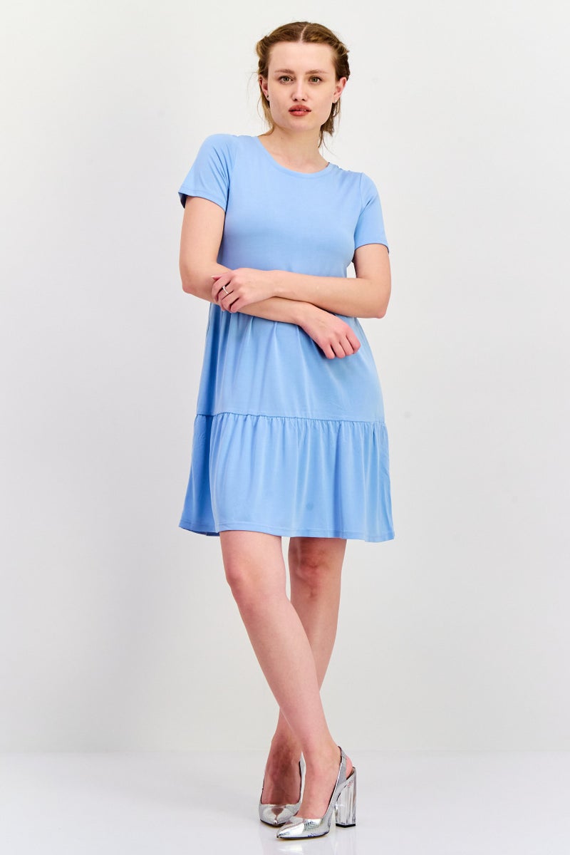 ONLY Women Plain Short Sleeve Mini Dress, Blue - Image 4